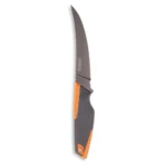 Outdoor Edge Vantex Fixed Knife, side view with curved grey boning blade and grey-orange handle