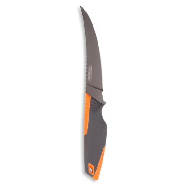 Outdoor Edge Vantex Fixed Knife, side view with curved grey boning blade and grey-orange handle