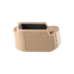 Hogue Overmolded Grip Extension Base Pad for Glock 26 FDE, angled view with textured sides