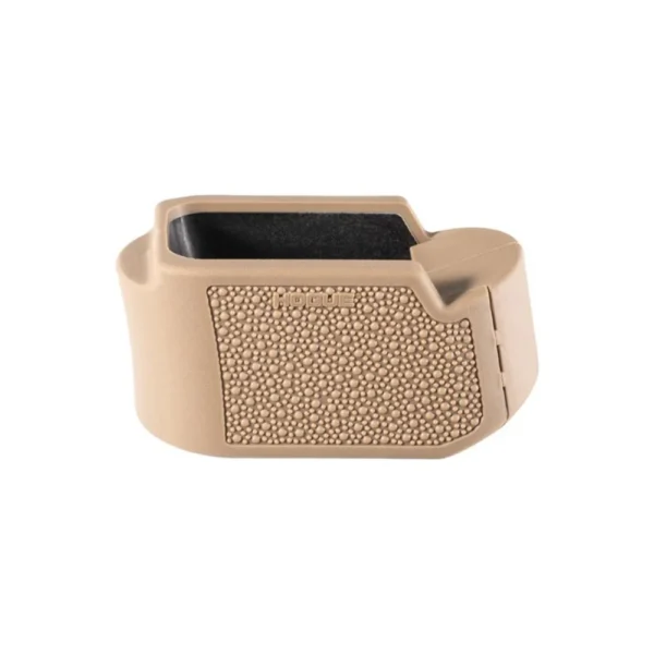 Hogue Overmolded Grip Extension Base Pad for Glock 26 FDE, angled view with textured sides