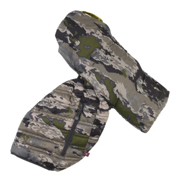 Browning Packable Puffer Hooded Vest, camouflage front view beside matching packed pouch