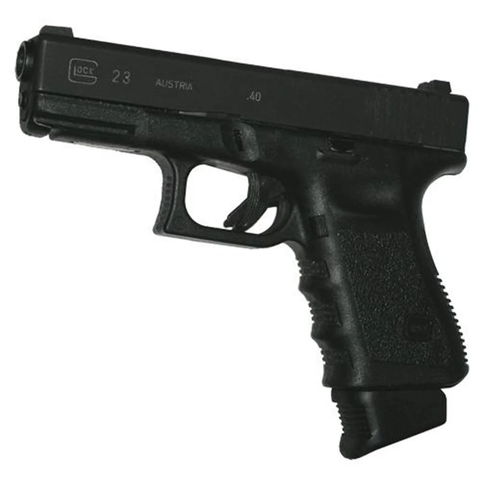 pearce-grip-glock-magazine-extension-primary-1 Pearce Grips Extension for Glock Full Metal, black grip extension fitted on pistol, right-side view