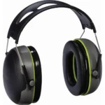 Peltor Sport Bull's Eye Hearing Protector, black and grey ear muffs with green trim, front view
