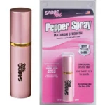 SABRE RED PINK LIPSTICK, pink canister beside retail blister packaging