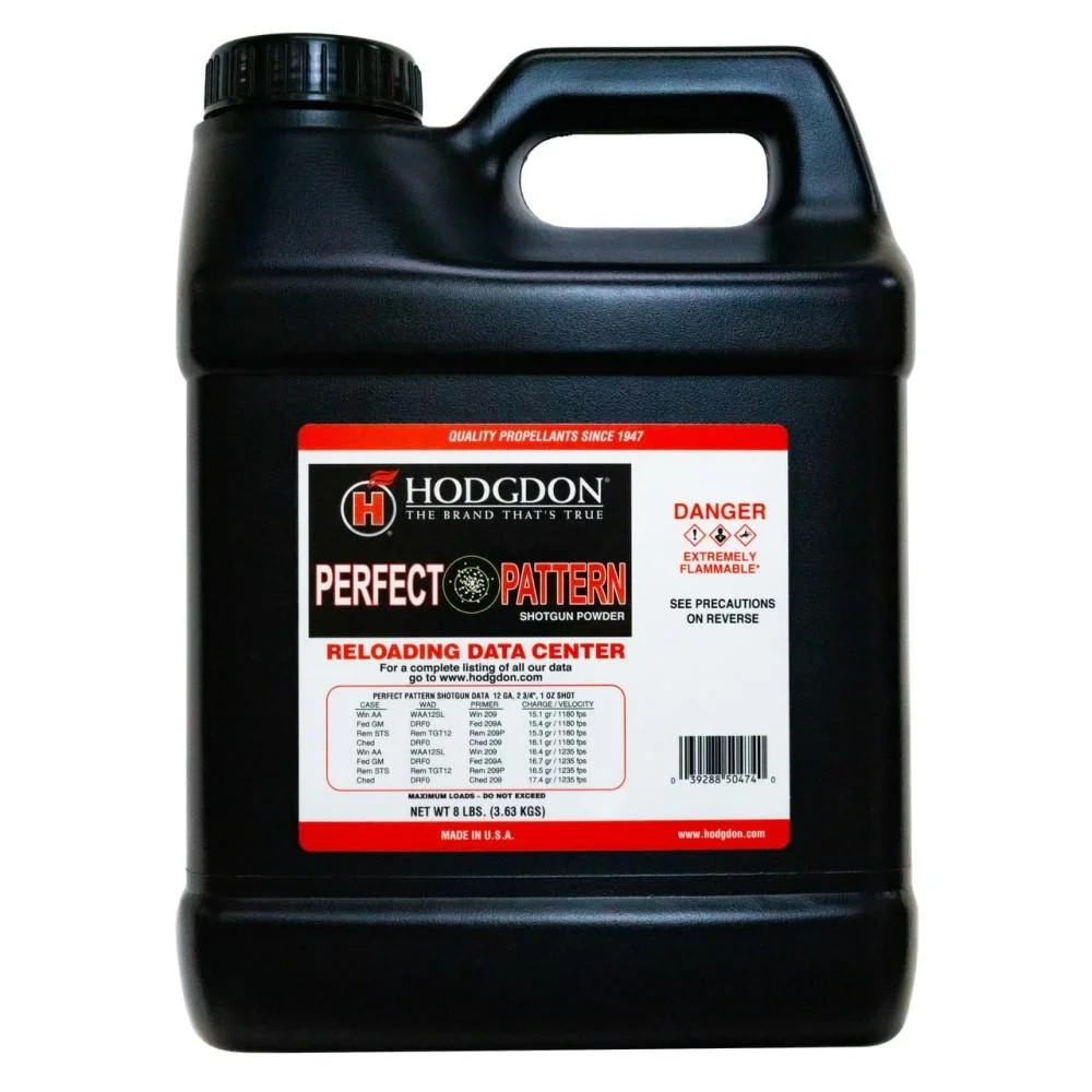 perfect-pattern-shotgun-powder-primary Hodgdon Perfect Pattern Shotgun Powder, front view of black handled container with printed label