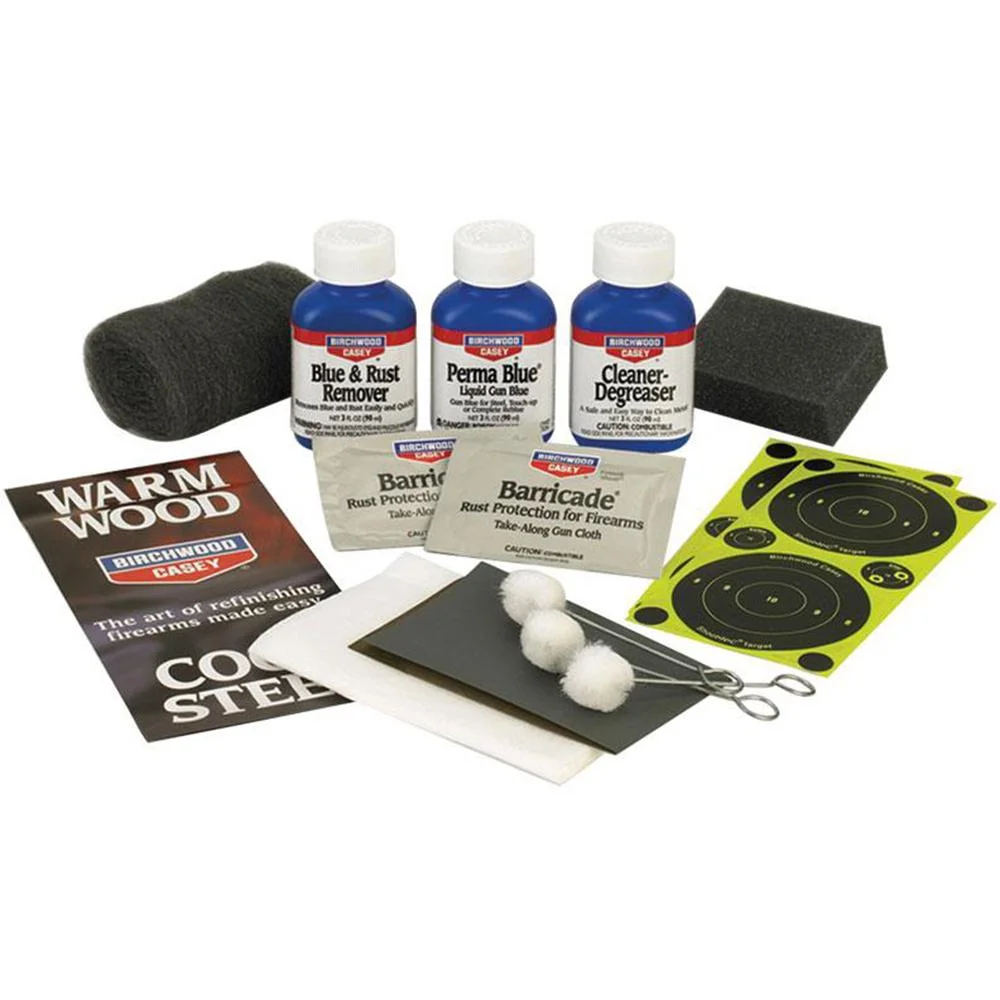 perma-blue-paste-gun-blue-finishing-kit-primary Birchwood Casey Perma Blue Paste Gun Blue Finishing Kit with bottles, pads, cloth and targets