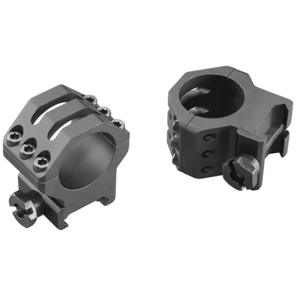 Weaver 6-Hole Picatinny Tactical Scope Rings 1in High, two black rings in angled views