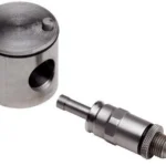 Hornady Pistol Rotor & Metering Insert, silver rotor and threaded insert in angled view