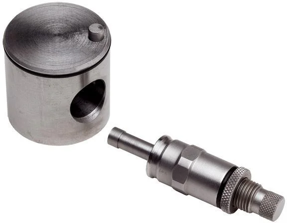 pistol-rotor-metering-insert-primary Hornady Pistol Rotor & Metering Insert, silver rotor and threaded insert in angled view