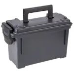 PLANO AMMO BOX NO GASKET BLK 6PK, black lidded box with carry handle, angled front view