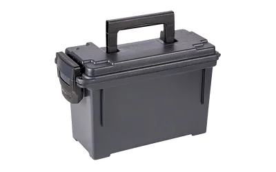 plano-ammo-box-6-pack-primary PLANO AMMO BOX NO GASKET BLK 6PK, black lidded box with carry handle, angled front view
