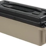 Berry's 20 Cal. Plastic Ammo Can, tan angled view with black latched lid and handle