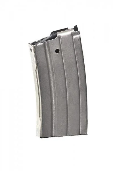 ProMag Rifle Magazine For Ruger Mini-14, curved nickel-plated steel magazine in front view