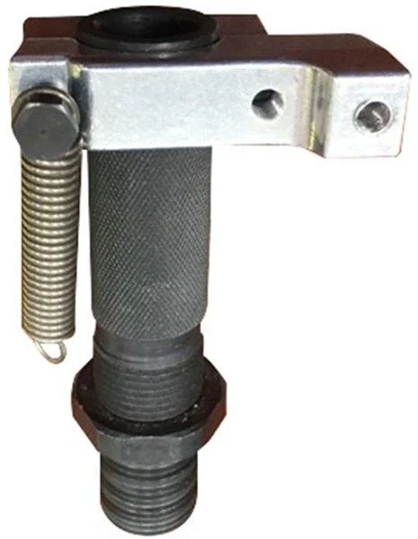 RCBS Powder Die, silver and black threaded die with knurled body and side spring