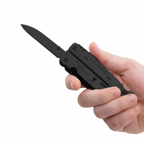 SOG Powerassist Black Multi Tool held in hand with black knife blade open
