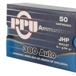 Prvi Partizan PPU 380ACP JHP blue ammunition box with two cartridges beside it