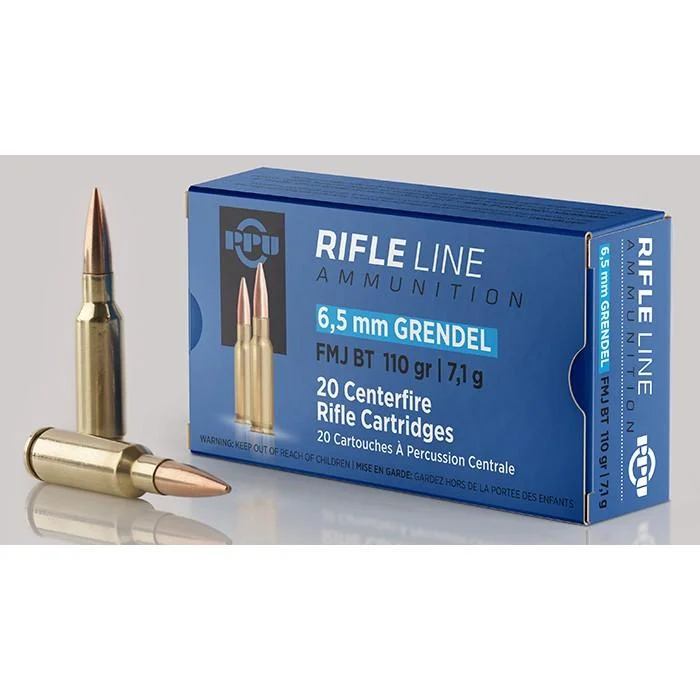 ppu-6-5-grendel-fmj-rifle-ammo-110gr-2756-fps-20-ct-primary Prvi Partizan PPU 6.5 GRENDEL ammunition, blue Rifle Line box with three visible cartridges