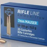 Prvi Partizan PPU 7MM Mauser SP, blue ammunition box with three brass cartridges