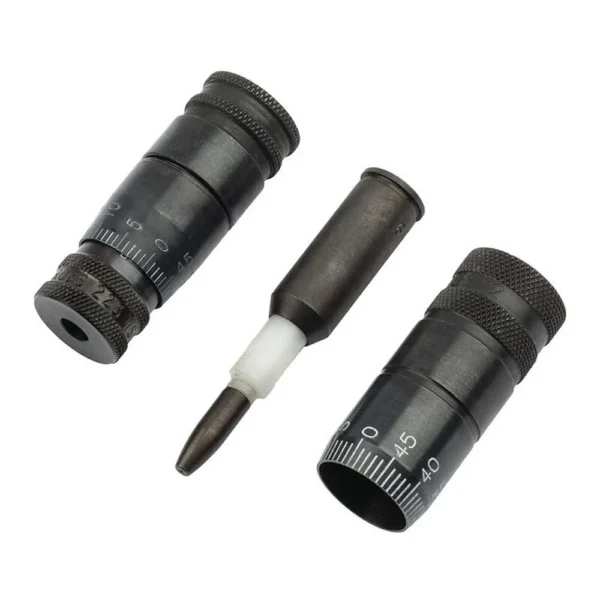 RCBS Precision Micrometer 6mm GT, three black cylindrical micrometer components in angled view