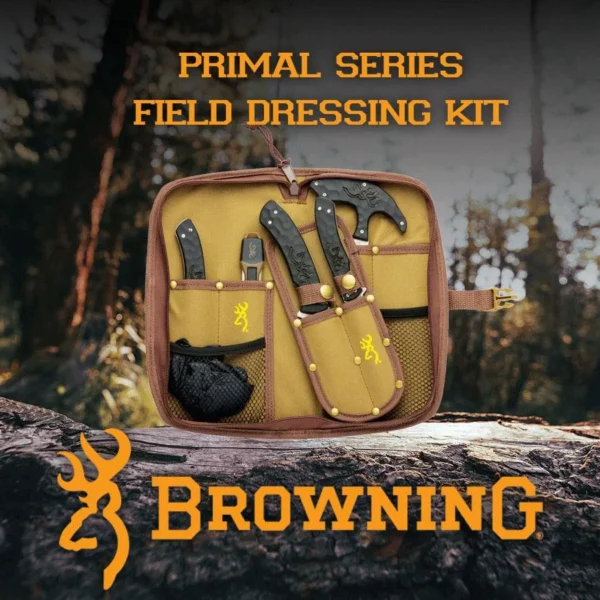 Browning Primal Series 6-Piece Field Dressing Kit, open tan case with knives and tools