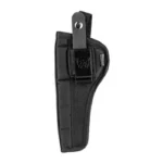 BULLDOG EXTREME 6" MED FRM REV, black holster in front view with retention strap