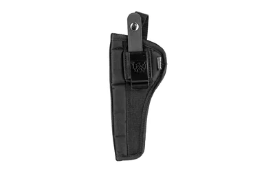 primary-10004 BULLDOG EXTREME 6" MED FRM REV, black holster in front view with retention strap