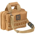 BULLDOG DLX 2 pistol range bag, tan front view with carry handles, shoulder strap and exterior pockets