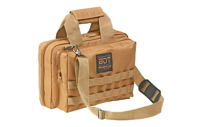 primary-10005 BULLDOG DLX 2 pistol range bag, tan front view with carry handles, shoulder strap and exterior pockets
