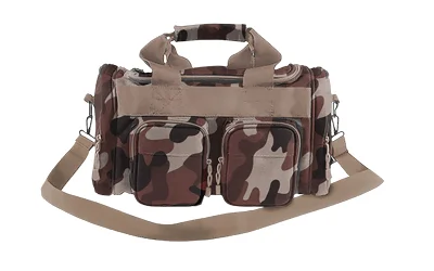 primary-10019 BULLDOG BLK RANGE BAG THROWBACK CAMO front view of camouflage bag with handles, pockets and shoulder strap