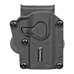 BULLDOG MULTIFIT POLY HOLSTER RH black holster, front view with belt attachment and screws