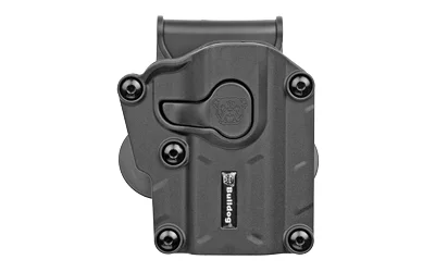 primary-10022 BULLDOG MULTIFIT POLY HOLSTER RH black holster, front view with belt attachment and screws