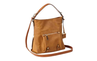 primary-10024 BULLDOG HOBO ANNA PURSE COGNAC brown shoulder purse, front view with strap and zippered pockets