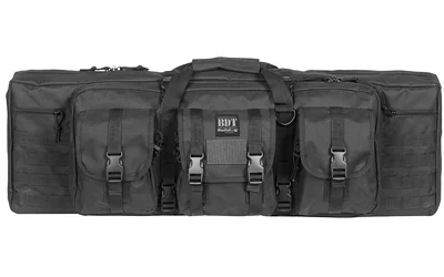 primary-10027 BULLDOG DLX TACT SNGL RIFLE 36 BLK, black case front view with handles, buckles and exterior pockets