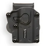 Bulldog Multi-Fit Poly RH Holster, black front view with screws and raised retention panel