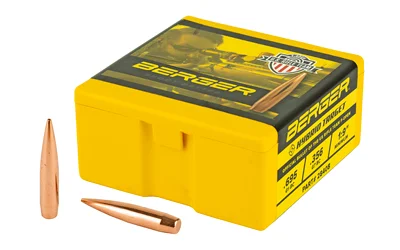 Berger 7MM 184GR Hybrid Target, yellow ammunition box with three copper-coloured bullets