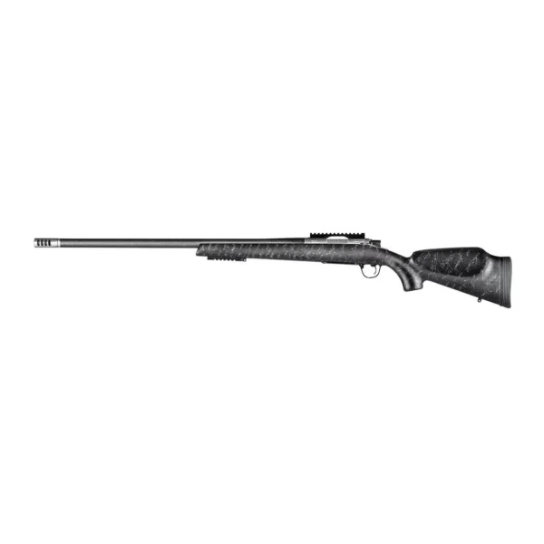 Christensen Arms Traverse Rifle, black and gray webbed right-side view with carbon-fiber barrel