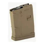 Mission First Tactical MAG MFT 5.56 10RD FDE, tan magazine angled front view with black feed lips