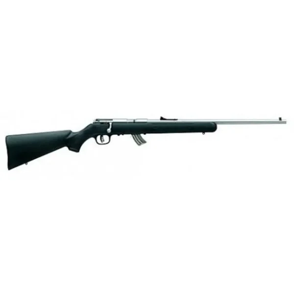 Savage Arms Mark II F, left-side view with black stock, stainless steel barrel and visible magazine