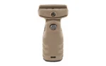 Mission First Tactical MFT REACT FOLDING GRP SDE, tan, front view with textured grip and hinge button