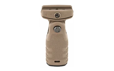Mission First Tactical MFT REACT FOLDING GRP SDE, tan, front view with textured grip and hinge button
