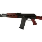 ZASTAVA M90 rifle, right-side view with red wood furniture, black receiver and curved magazine