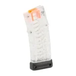 Steyr AUG 9X19MM 28RD Clear magazine, translucent body with black base in angled view