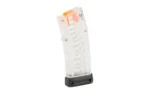 Steyr AUG 9X19MM 28RD Clear magazine, translucent body with black base in angled view