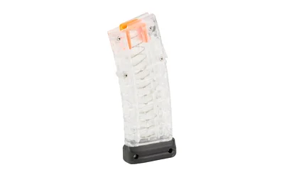 Steyr AUG 9X19MM 28RD Clear magazine, translucent body with black base in angled view