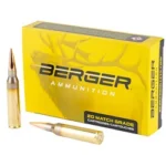 Berger Elite HNT 338LAP yellow ammunition box with two brass cartridges, front view