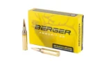 Berger Elite HNT 338LAP yellow ammunition box with two brass cartridges, front view