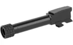 BACKUP BBL FOR GLK 43/43X THRDD BLK, black barrel in side view with threaded muzzle protector
