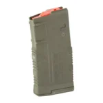 AMEND2 SR25/AR10 magazine in olive drab green, angled side view with orange follower