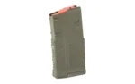AMEND2 SR25/AR10 magazine in olive drab green, angled side view with orange follower