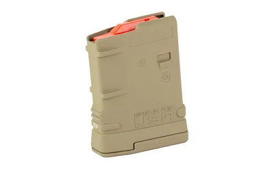 primary-10207 MAG AMEND2 SR25/AR10 7.62 FDE 10RD tan magazine, angled side view with red follower
